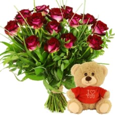 Red roses + I love you hug (Bouquet of 10 red roses + small cuddly toy I love you with red shirt)